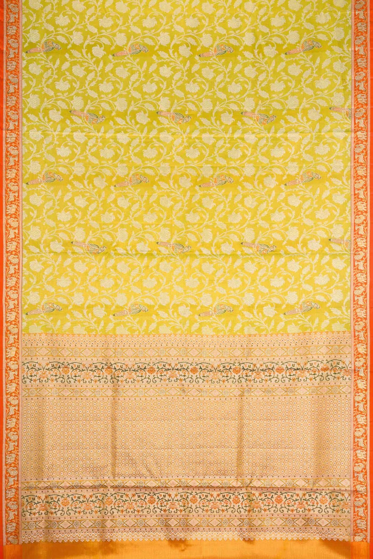 Flat view of Parrot Green Dual Tone Kanchipuram Tissue Silk Saree with Zari Brocade on the body and Zari Border