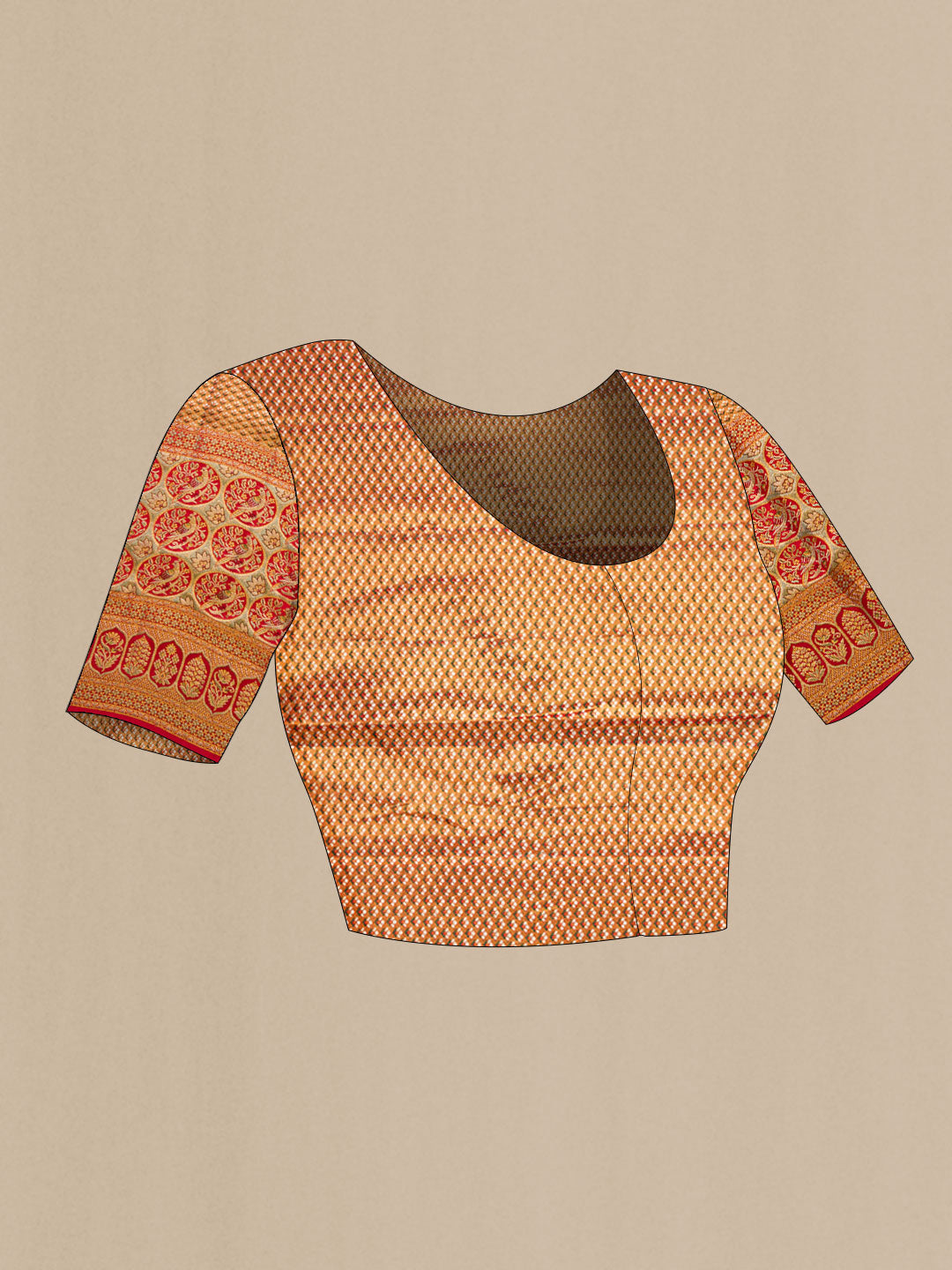 Close up image of the blouse of Gold Dual Tone Kanchipuram Tissue Silk Saree with Zari Brocade on the body and Zari Border