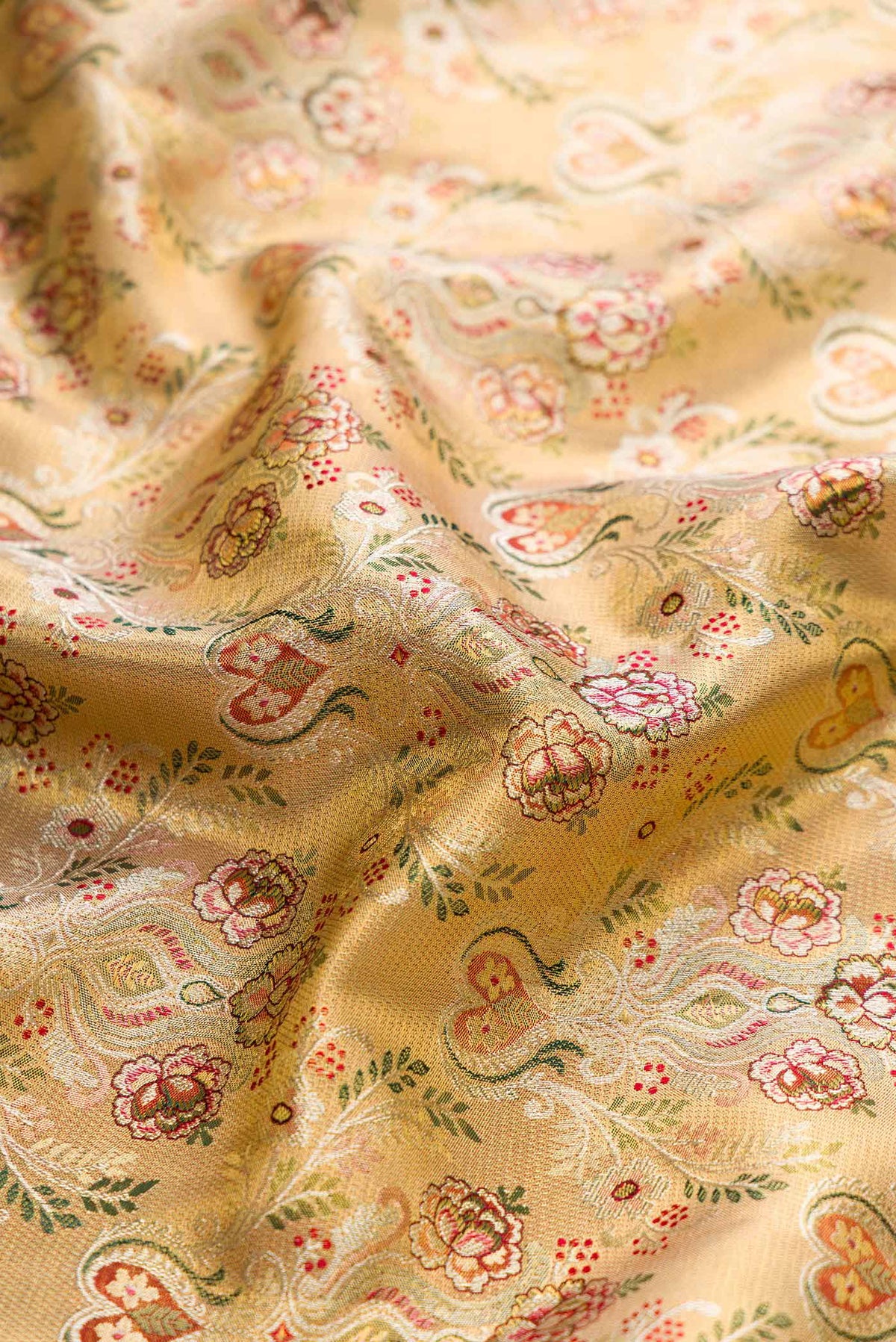 Close up of Gold Dual Tone Kanchipuram Tissue Silk Saree with Zari Brocade on the body and Zari Border displaying folds