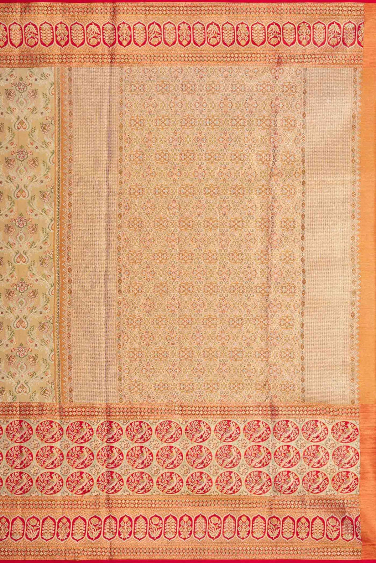 Close up image of the pallu of Gold Dual Tone Kanchipuram Tissue Silk Saree with Zari Brocade on the body and Zari Border