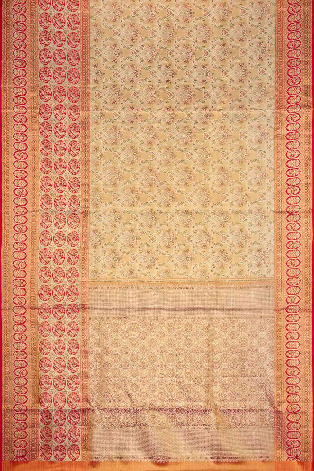 Flat view of Gold Dual Tone Kanchipuram Tissue Silk Saree with Zari Brocade on the body and Zari Border