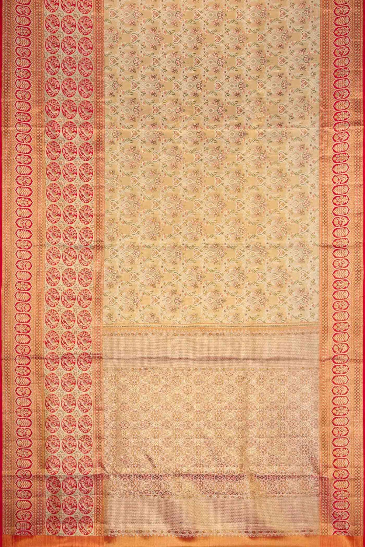 Flat view of Gold Dual Tone Kanchipuram Tissue Silk Saree with Zari Brocade on the body and Zari Border