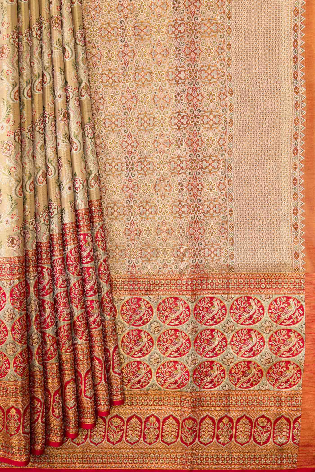 Pleats and pallu of Gold Dual Tone Kanchipuram Tissue Silk Saree with Zari Brocade on the body and Zari Border