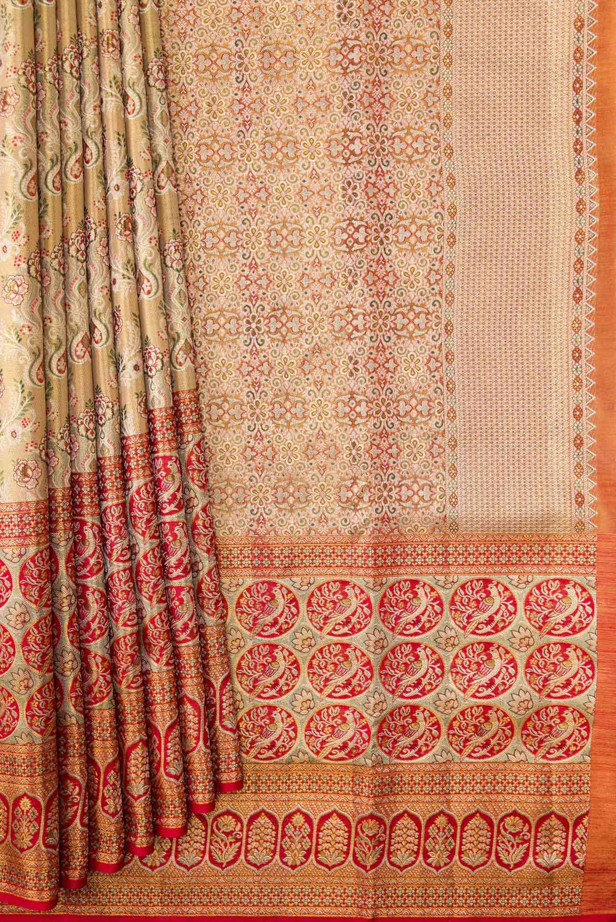 Pleats and pallu of Gold Dual Tone Kanchipuram Tissue Silk Saree with Zari Brocade on the body and Zari Border
