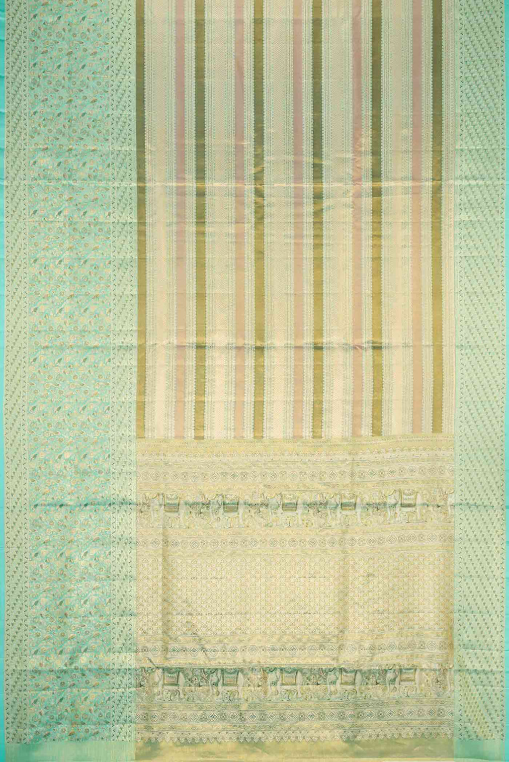 Flat view of Green Dual Tone Kanchipuram Tissue Silk Saree with Zari Brocade on the body and Zari Border