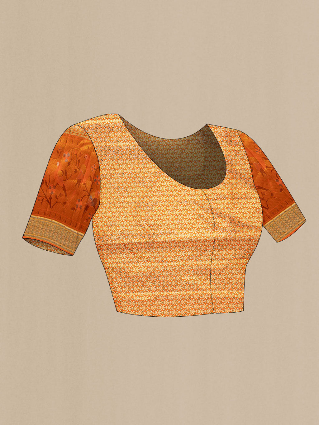 Close up image of the blouse of Orange Dual Tone Kanchipuram Tissue Silk Saree with Zari Brocade on the body and Zari Border