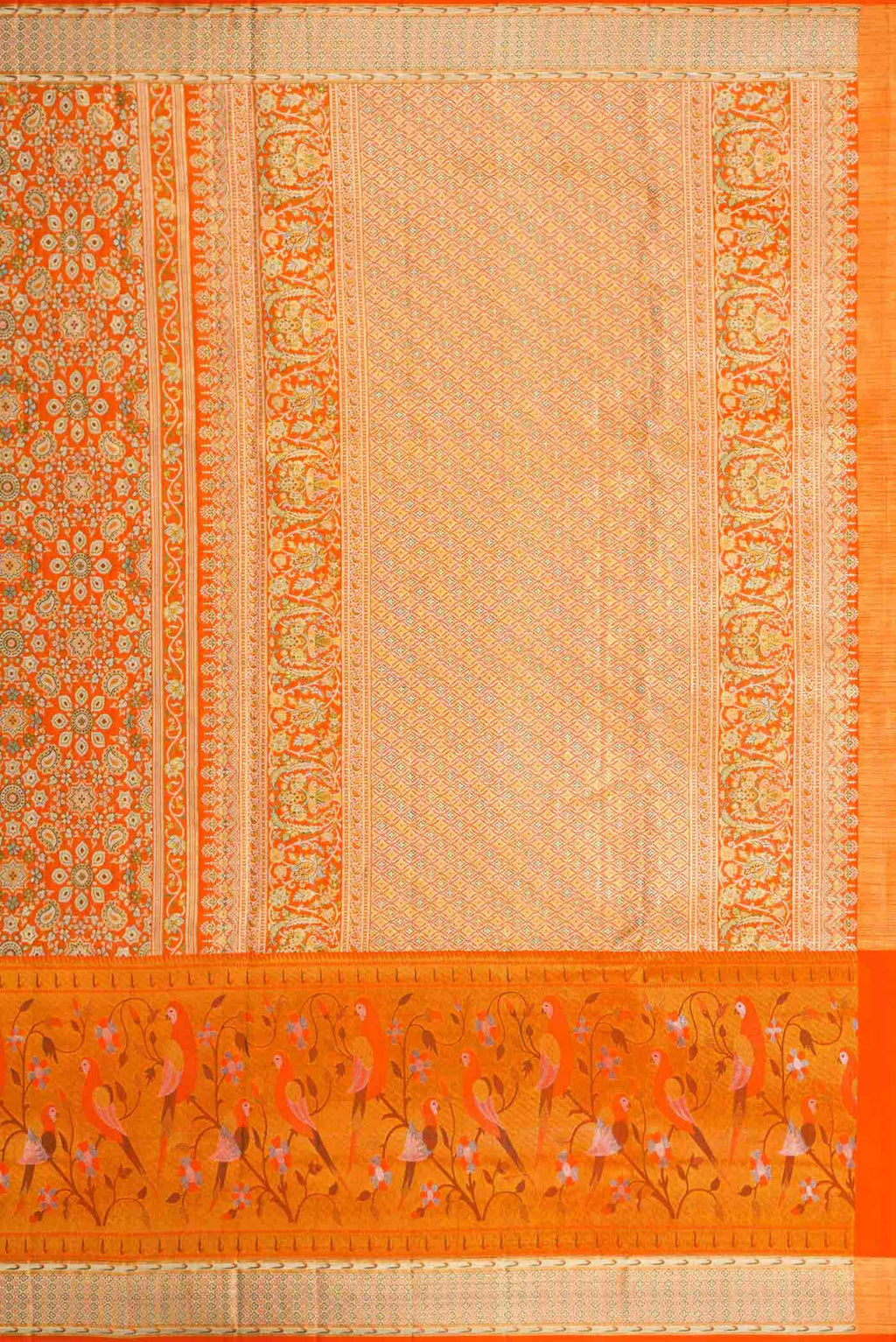 Close up image of the pallu of Orange Dual Tone Kanchipuram Tissue Silk Saree with Zari Brocade on the body and Zari Border