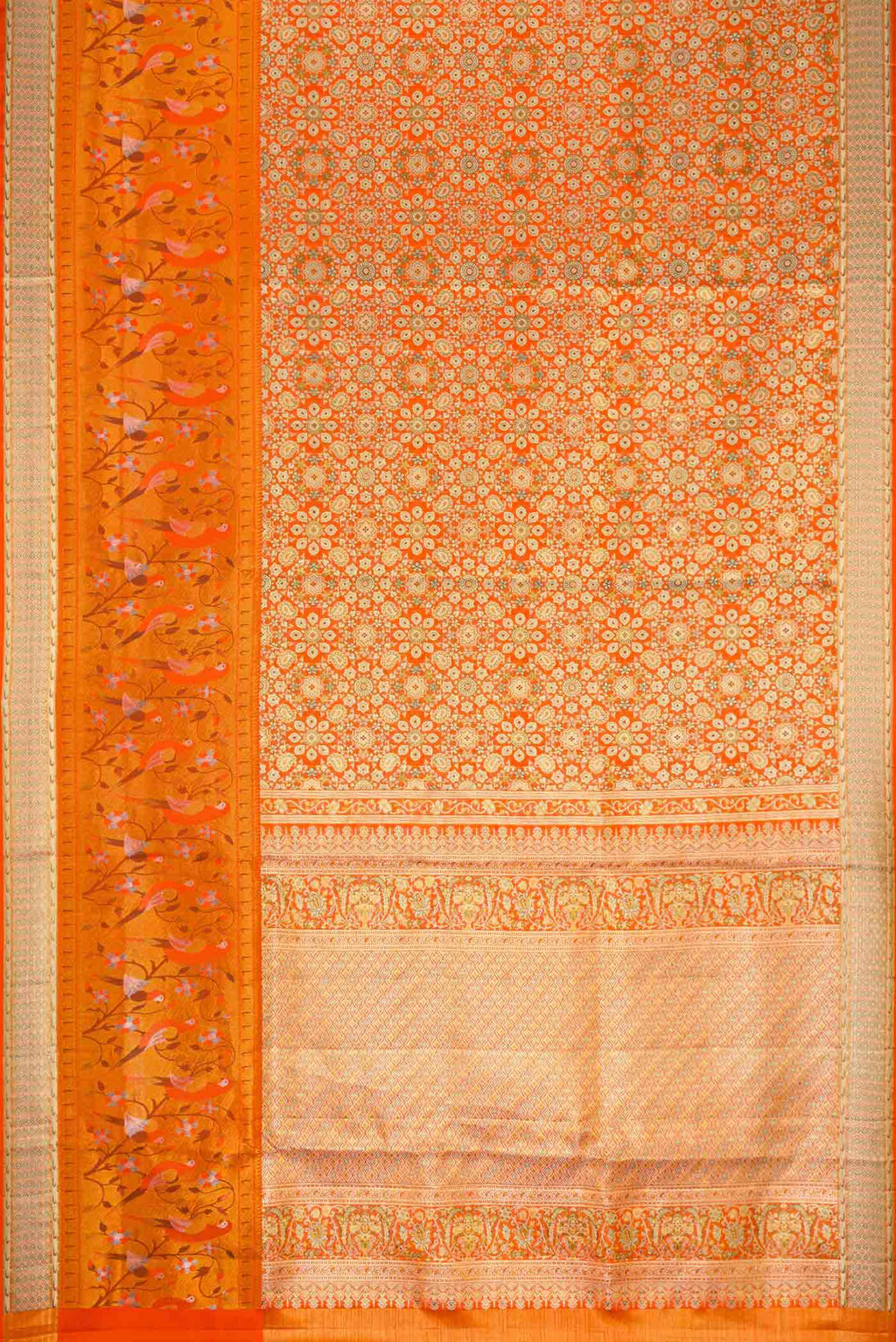 Flat view of Orange Dual Tone Kanchipuram Tissue Silk Saree with Zari Brocade on the body and Zari Border