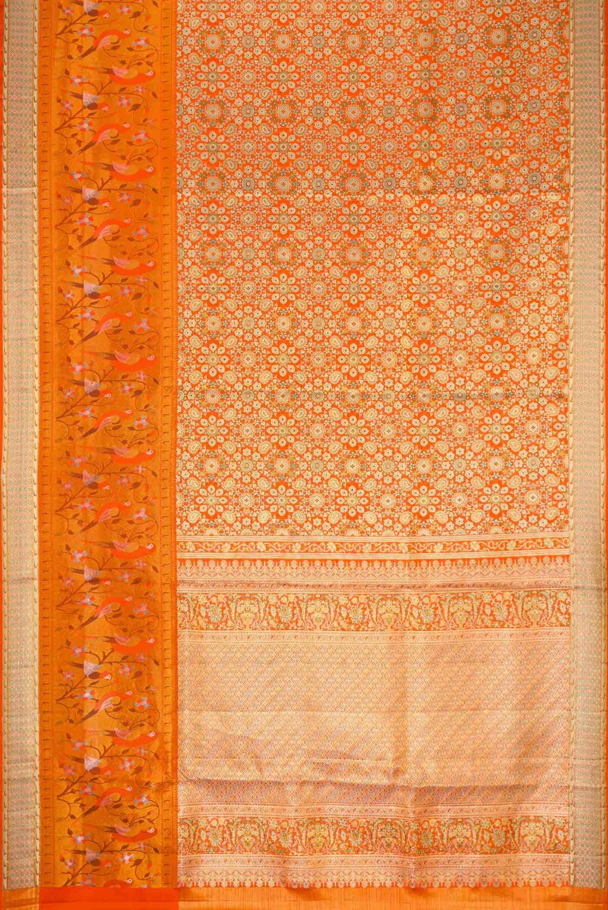 Flat view of Orange Dual Tone Kanchipuram Tissue Silk Saree with Zari Brocade on the body and Zari Border