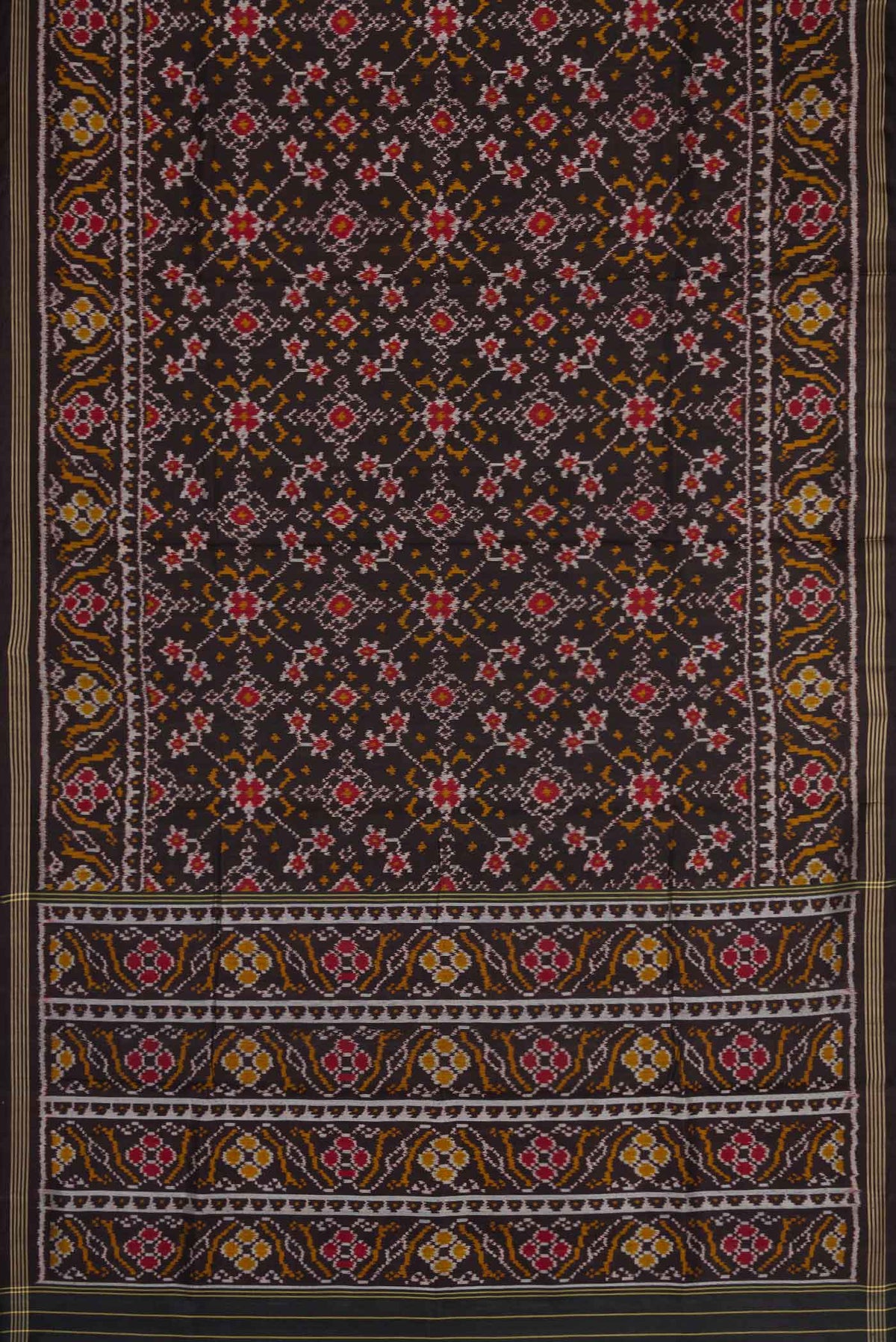 Flat view of Black Dual Tone Rajkot Patola Silk Saree with Ikat Print on the body and Zari Border. 
