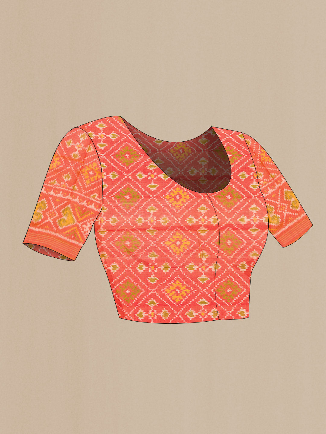 Close up image of the blouse of Orange Dual Tone Rajkot Patola Silk Saree with Ikat Print on the body and Zari Border. 