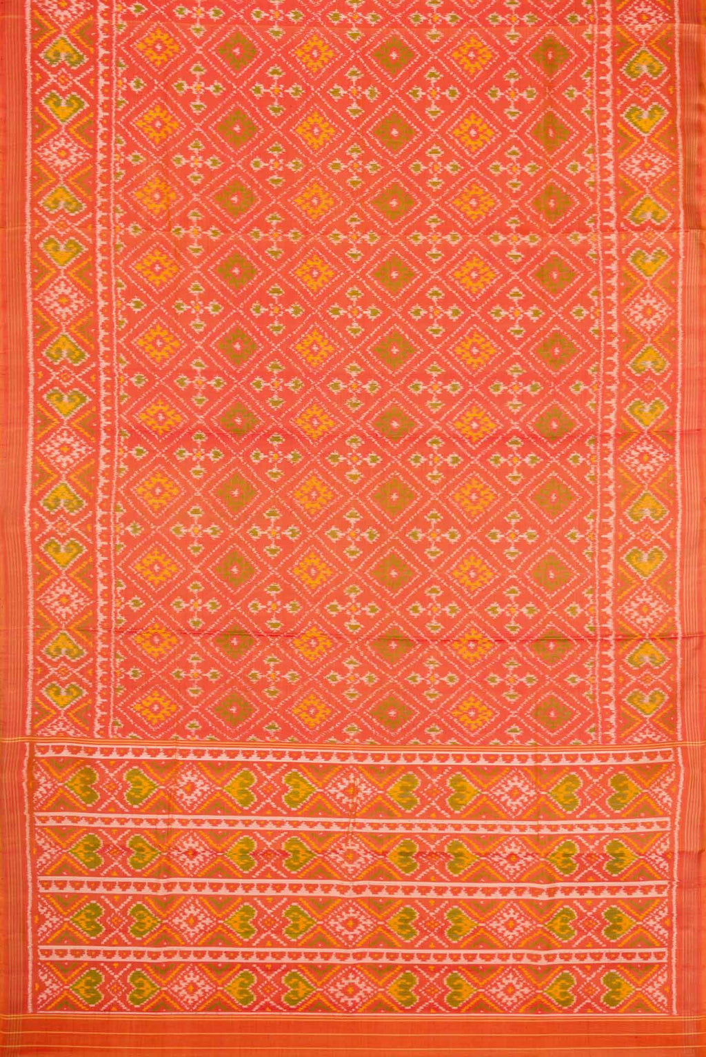 Flat view of Orange Dual Tone Rajkot Patola Silk Saree with Ikat Print on the body and Zari Border. 