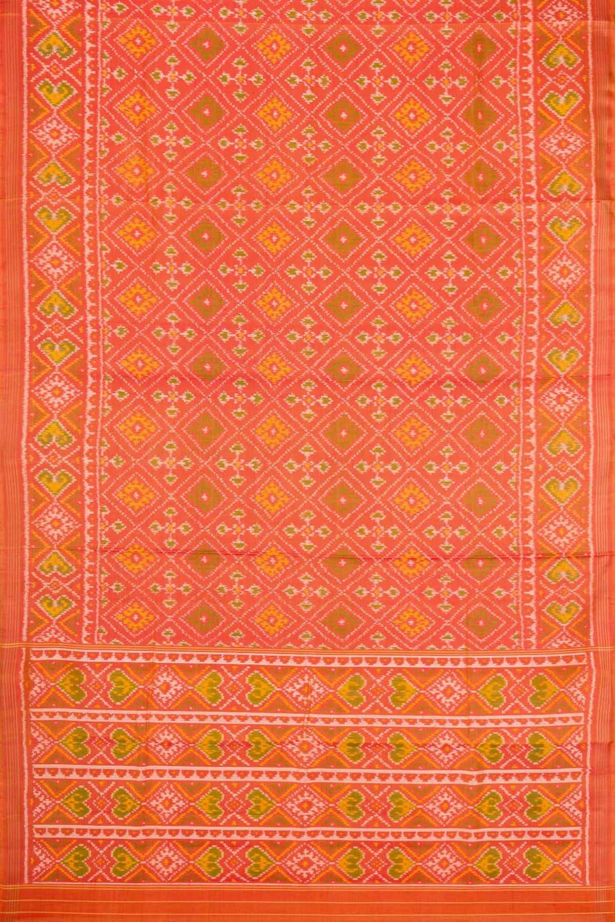 Flat view of Orange Dual Tone Rajkot Patola Silk Saree with Ikat Print on the body and Zari Border. 