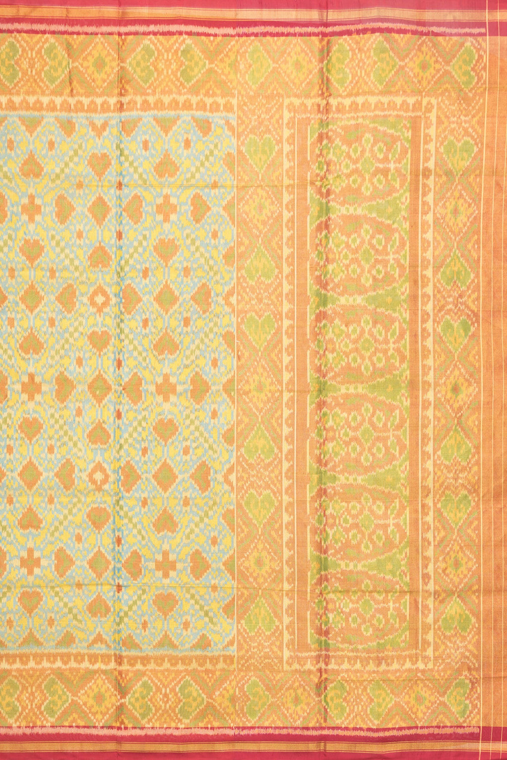 Close up image of the pallu of Sky Blue Dual Tone Double Ikat Saree with Ikat Print on the body and Zari Border. 