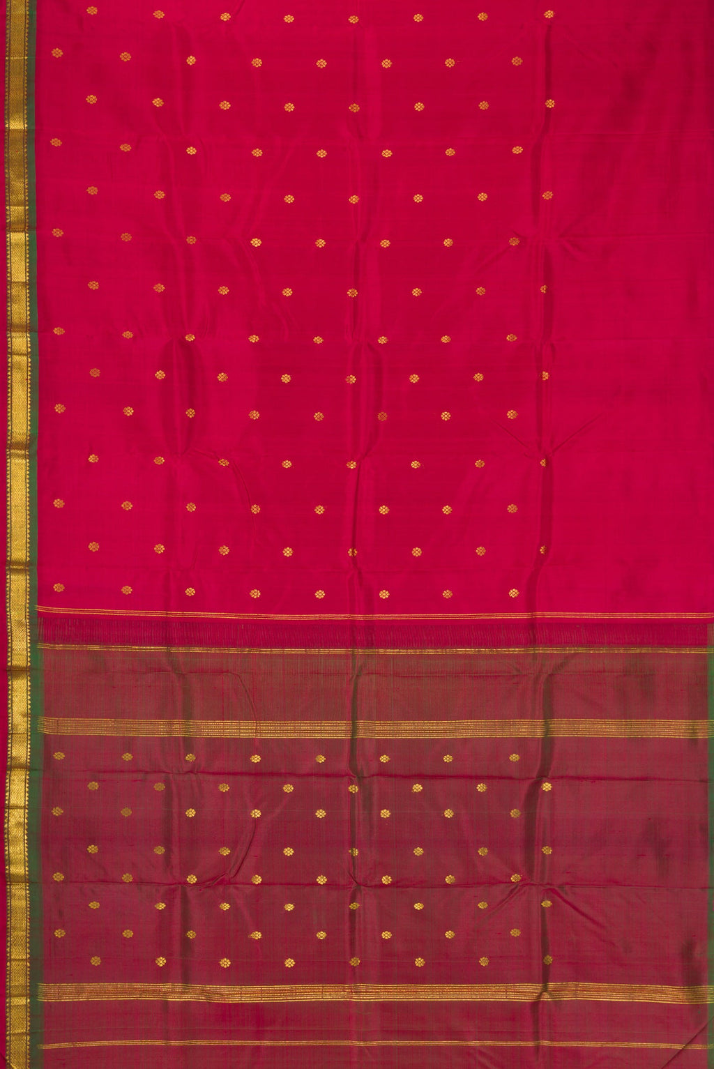 Flat view of Maroon Dual Tone Kanchipuram Silk Saree with Zari Butta on the body and Zari Border. 