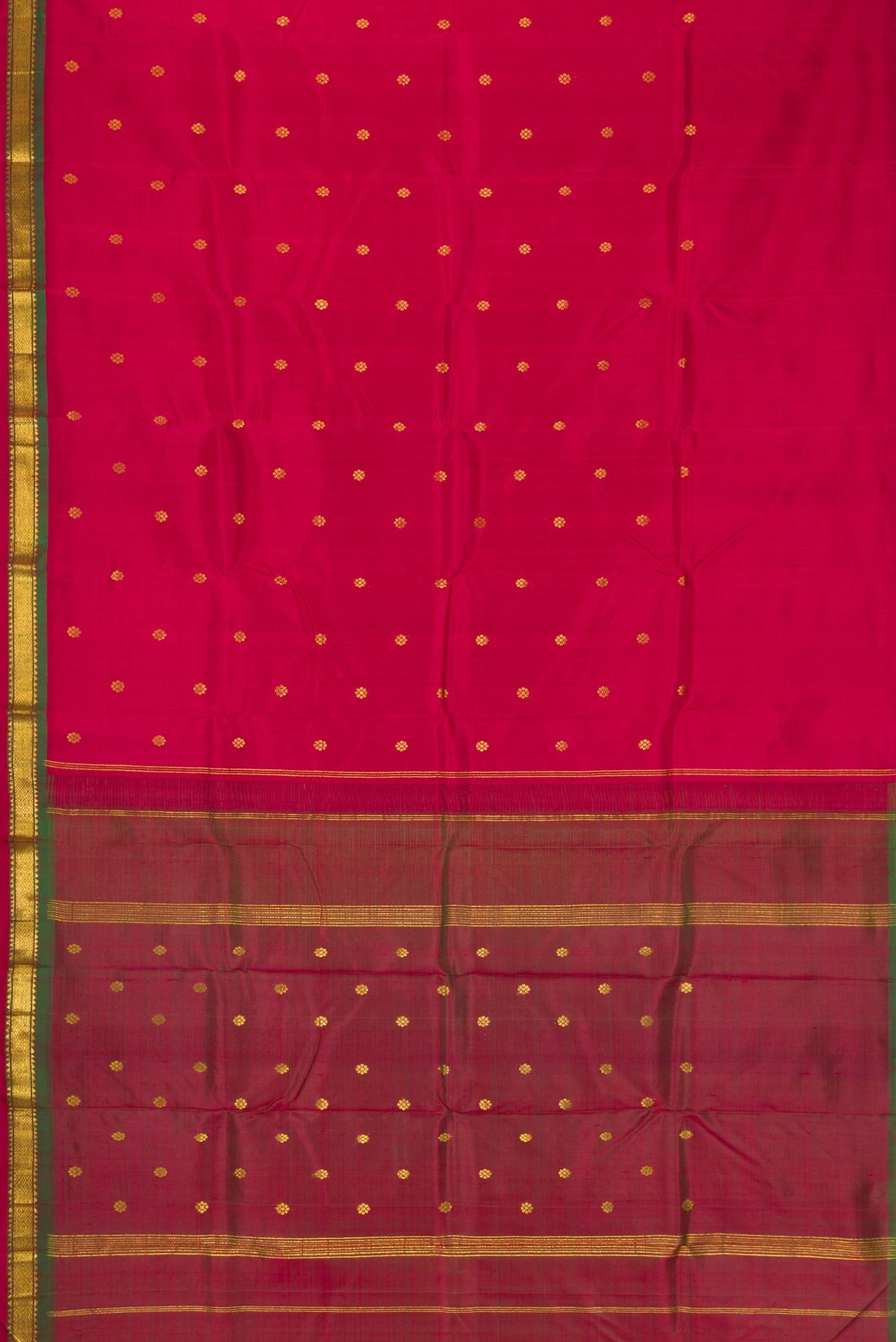Flat view of Maroon Dual Tone Kanchipuram Silk Saree with Zari Butta on the body and Zari Border. 