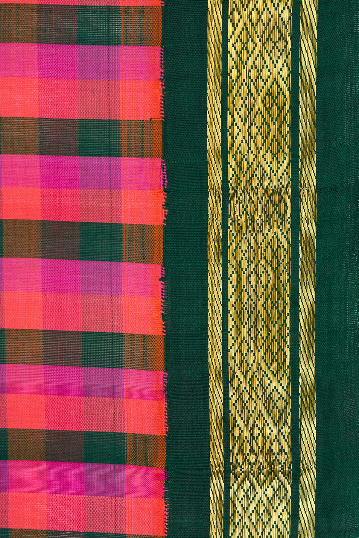 Border image of Bottle Green, Pink and Purple Color Kanjivaram Silk Saree with Checked design on the body and Zari Border. 