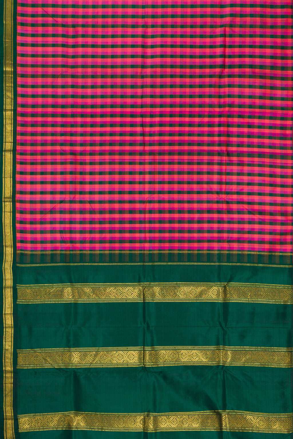 Flat view of Bottle Green, Pink and Purple Color Kanjivaram Silk Saree with Checked design on the body and Zari Border. 