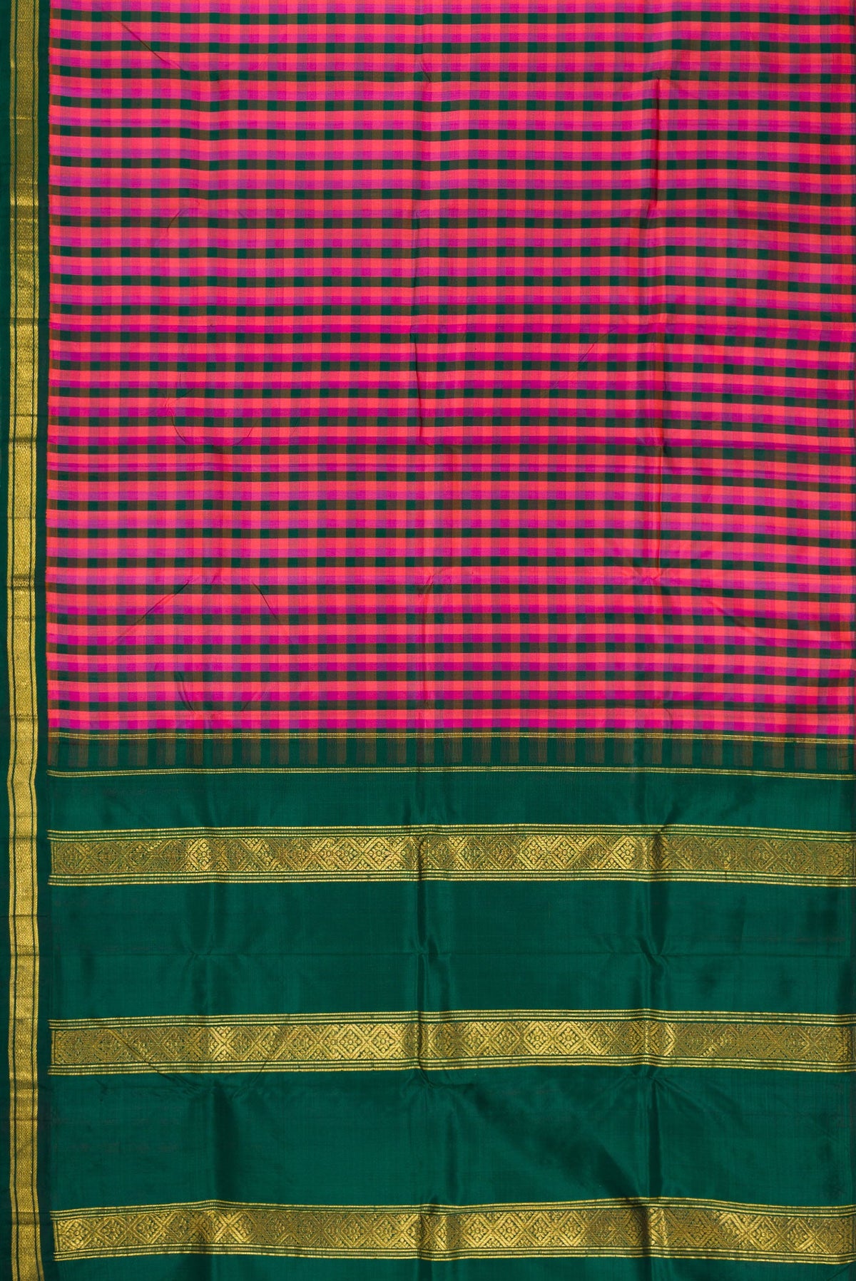 Flat view of Bottle Green, Pink and Purple Color Kanjivaram Silk Saree with Checked design on the body and Zari Border. 