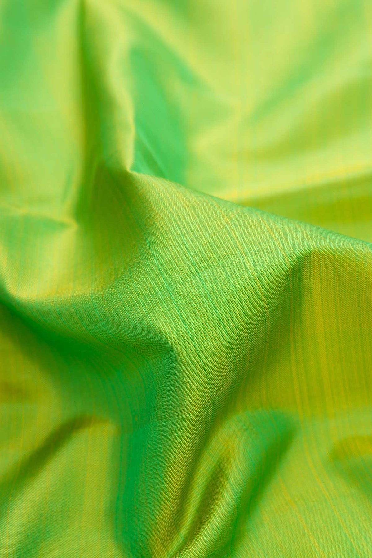 Close up of Parrot Green Dual Tone Kanjivaram Silk Saree with Plain Body and Zari Border.  displaying folds