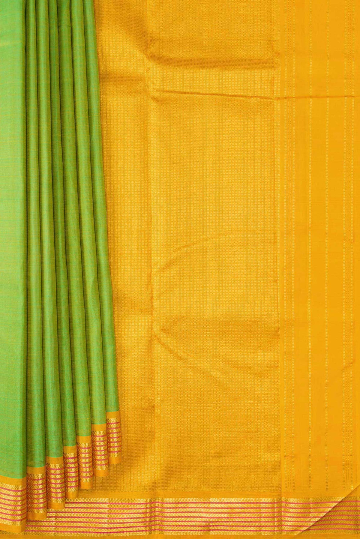 Pleats and pallu of Parrot Green Dual Tone Kanjivaram Silk Saree with Plain Body and Zari Border. 