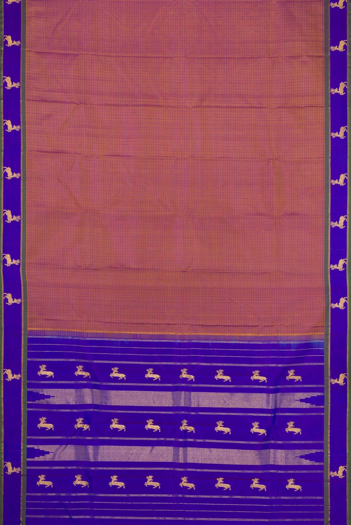 Flat view of Brown Dual Tone Kanchipuram Silk Saree with Checked design on the body and Fancy Border. 