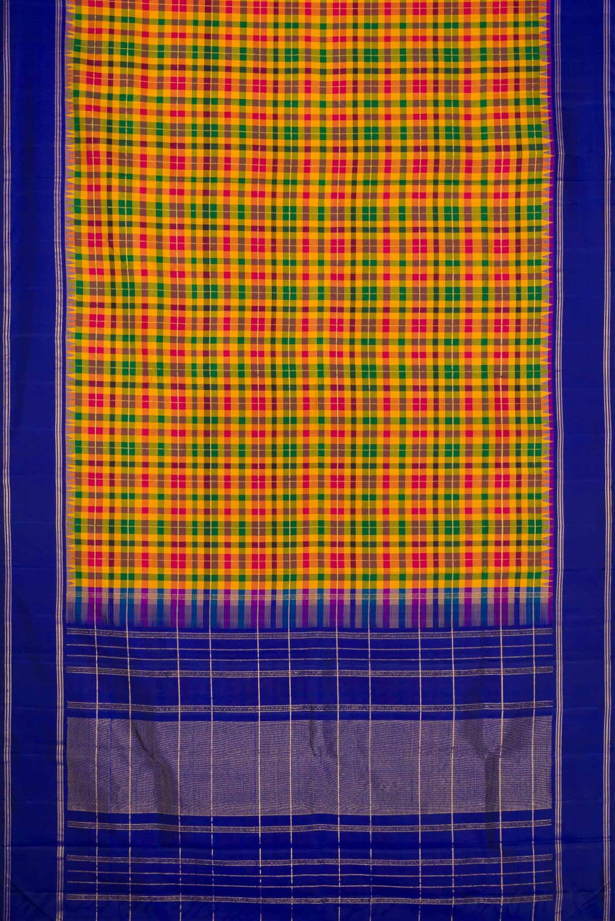 Flat view of Mustard, Green and Maroon Color Kanchipuram Silk Saree with Checked design on the body and Zari Border