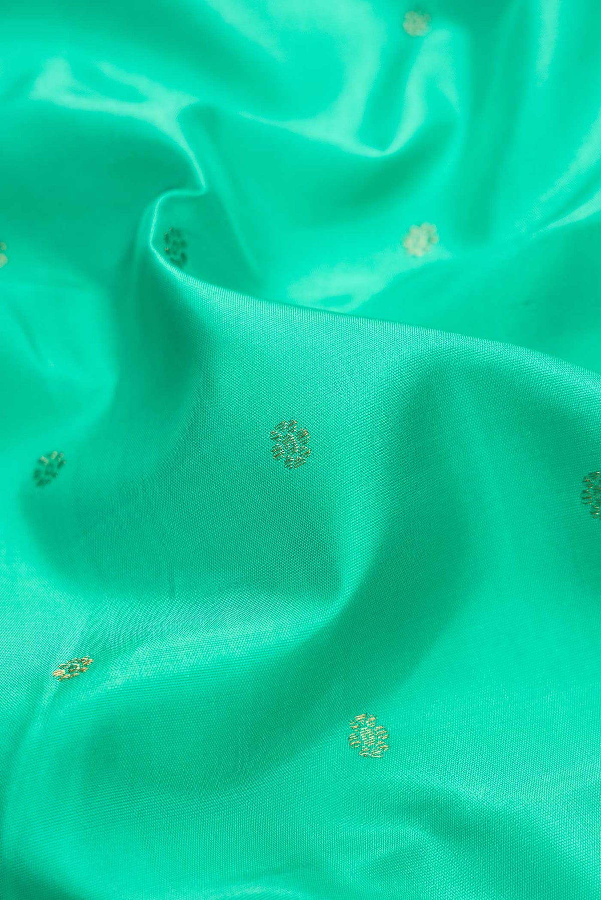 Close up of Sea Green Dual Tone Kanjivaram Silk Saree with Zari Butta on the body and Zari Border.  displaying folds