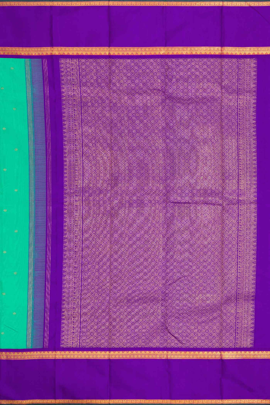 Close up image of the pallu of Sea Green Dual Tone Kanjivaram Silk Saree with Zari Butta on the body and Zari Border. 