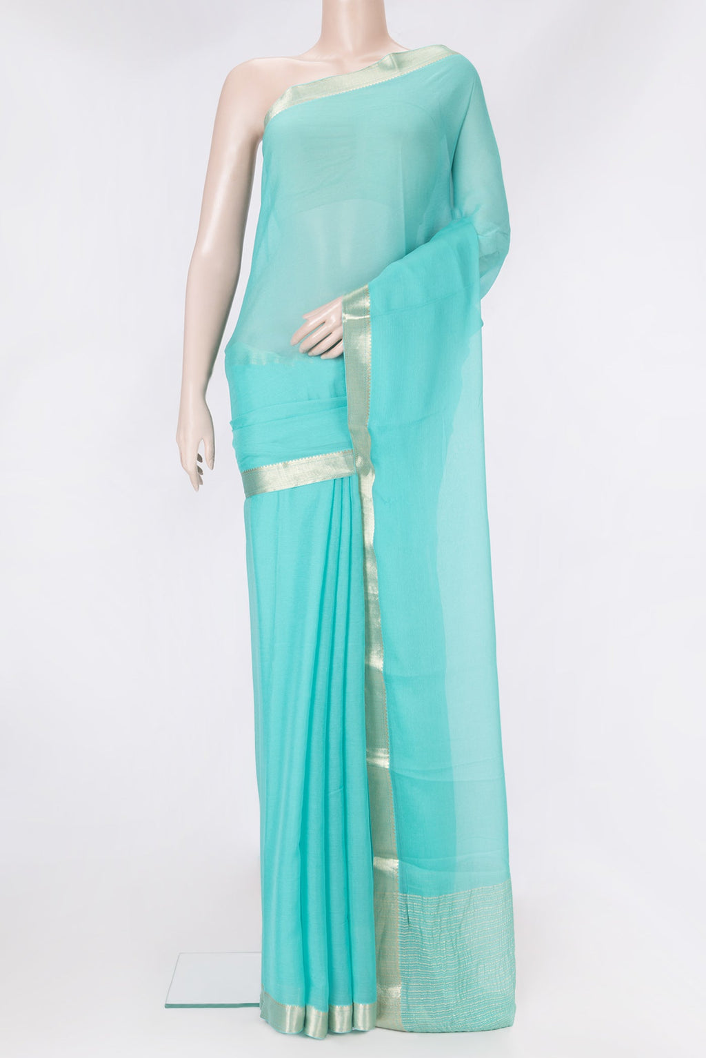 Sky Blue Mysore Chiffon Saree with Plain Body and Zari Border.  displayed on a mannequin