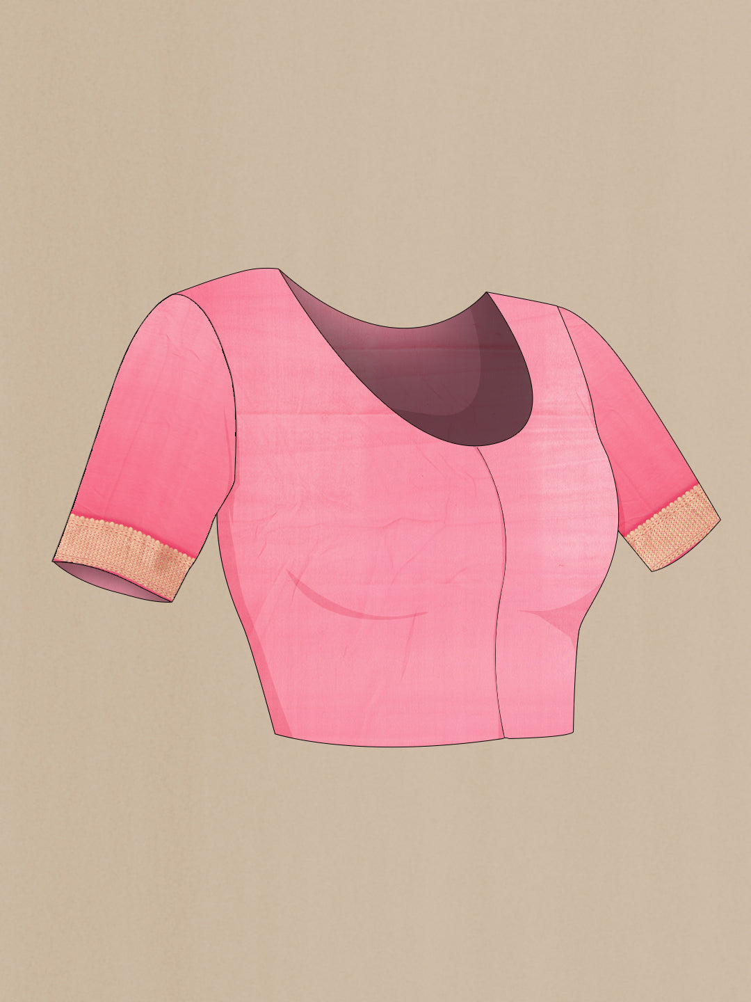 Close up image of the blouse of Pink Mysore Georgette Saree with Zari Butta on the body and Zari Border. 