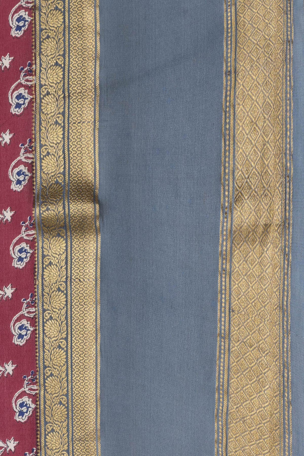 Border image of Maroon Dual Tone Mysore Crepe Saree with Printed design on the body and Zari Border. 