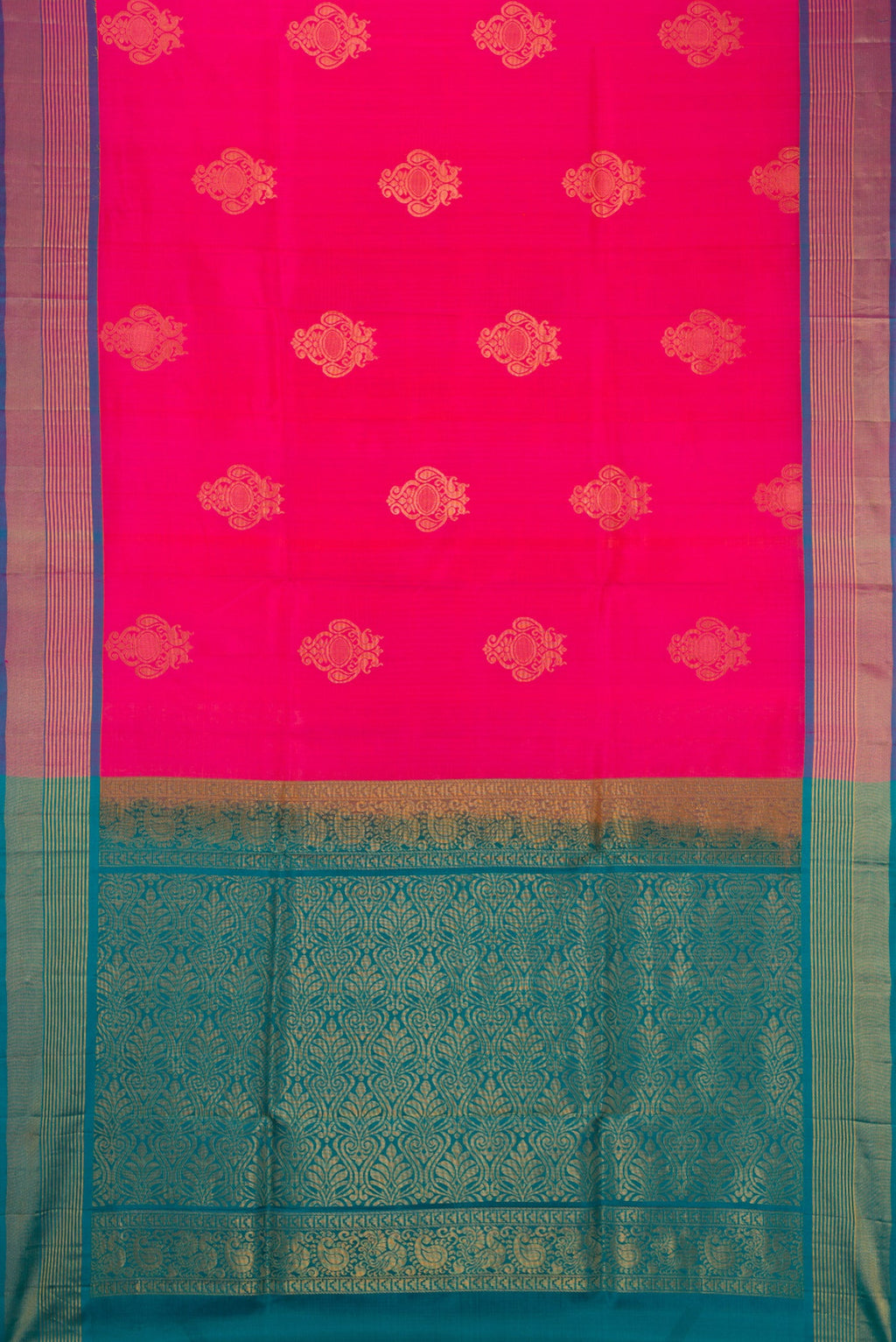 Flat view of Pink Soft Silk Saree with Zari Butta on the body and Zari Border. 