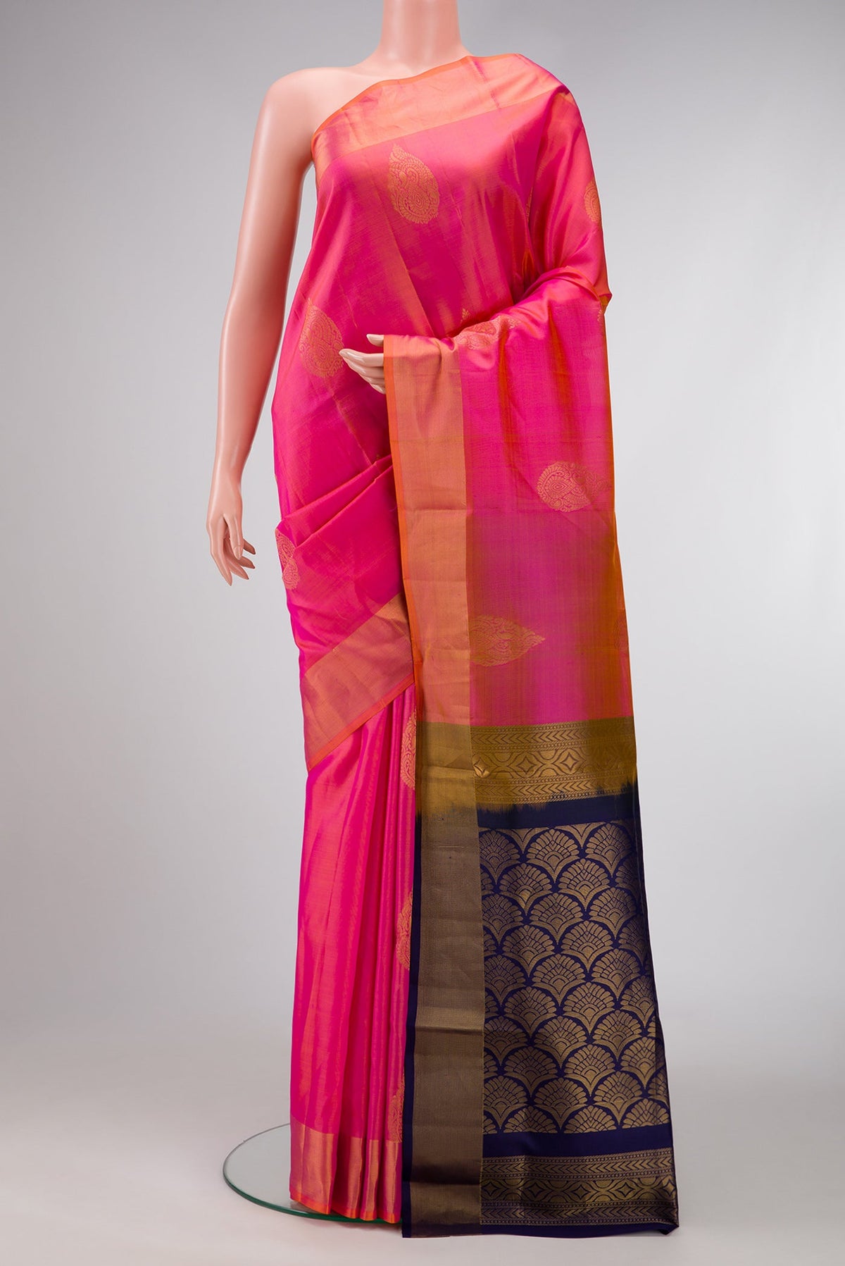 Pink Dual Tone Soft Silk Saree with Zari Butta on the body and Zari Border.  displayed on a mannequin