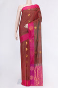 Maroon Dual Tone Soft Silk Saree with Zari Butta on the body and Zari Border.  displayed on a mannequin