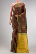 Green with Maroon Color Kanchipuram Silk Saree with Checked design on the body and Thin Zari Line.  displayed on a mannequin