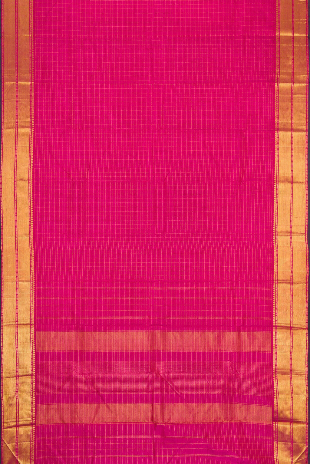 Flat view of Pink Dual Tone Kanchipuram Silk Saree with Checked design on the body and Zari Border. 