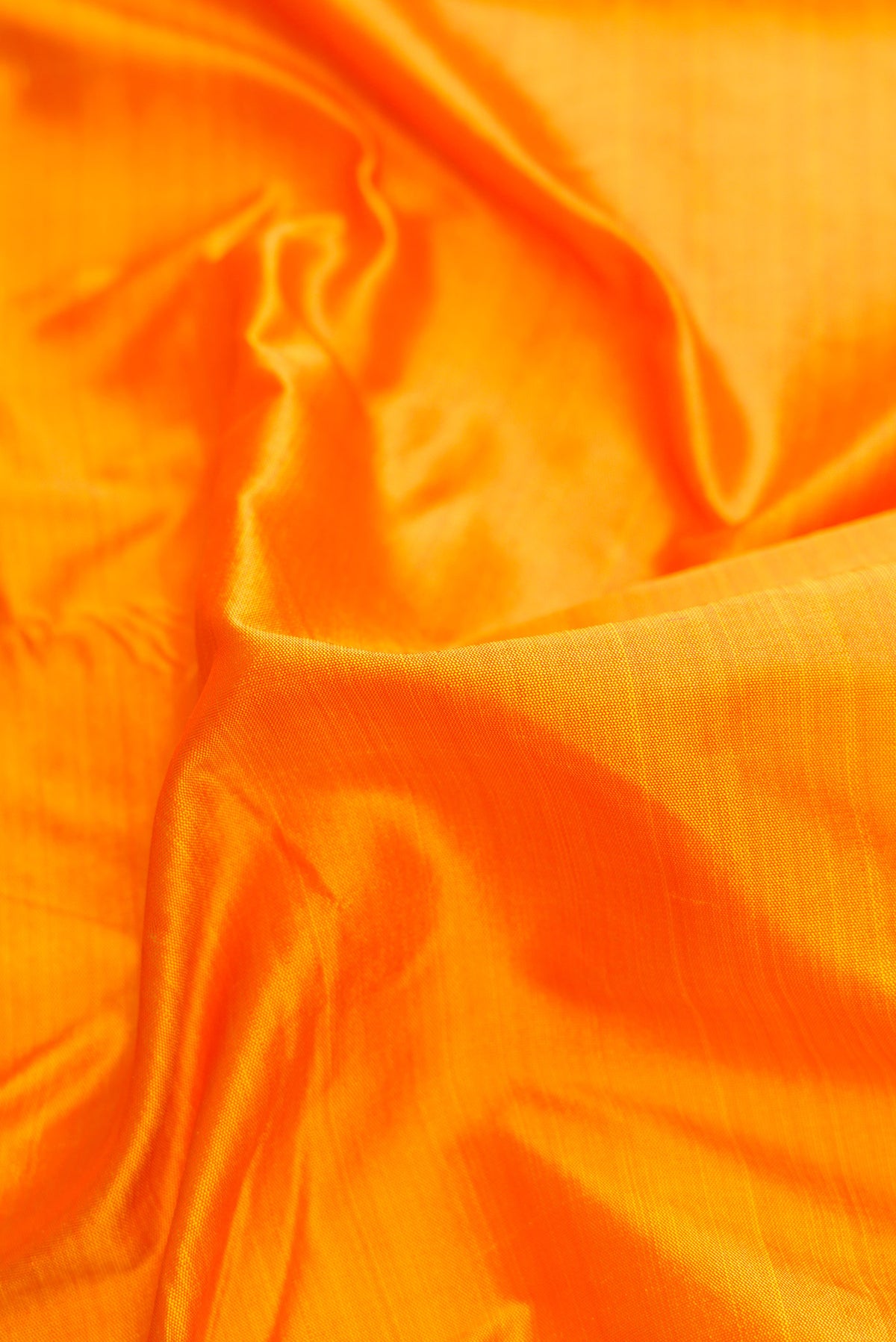 Close up of Yellow Dual Tone Kanjivaram Silk Saree with Plain Body and Zari Border.  displaying folds