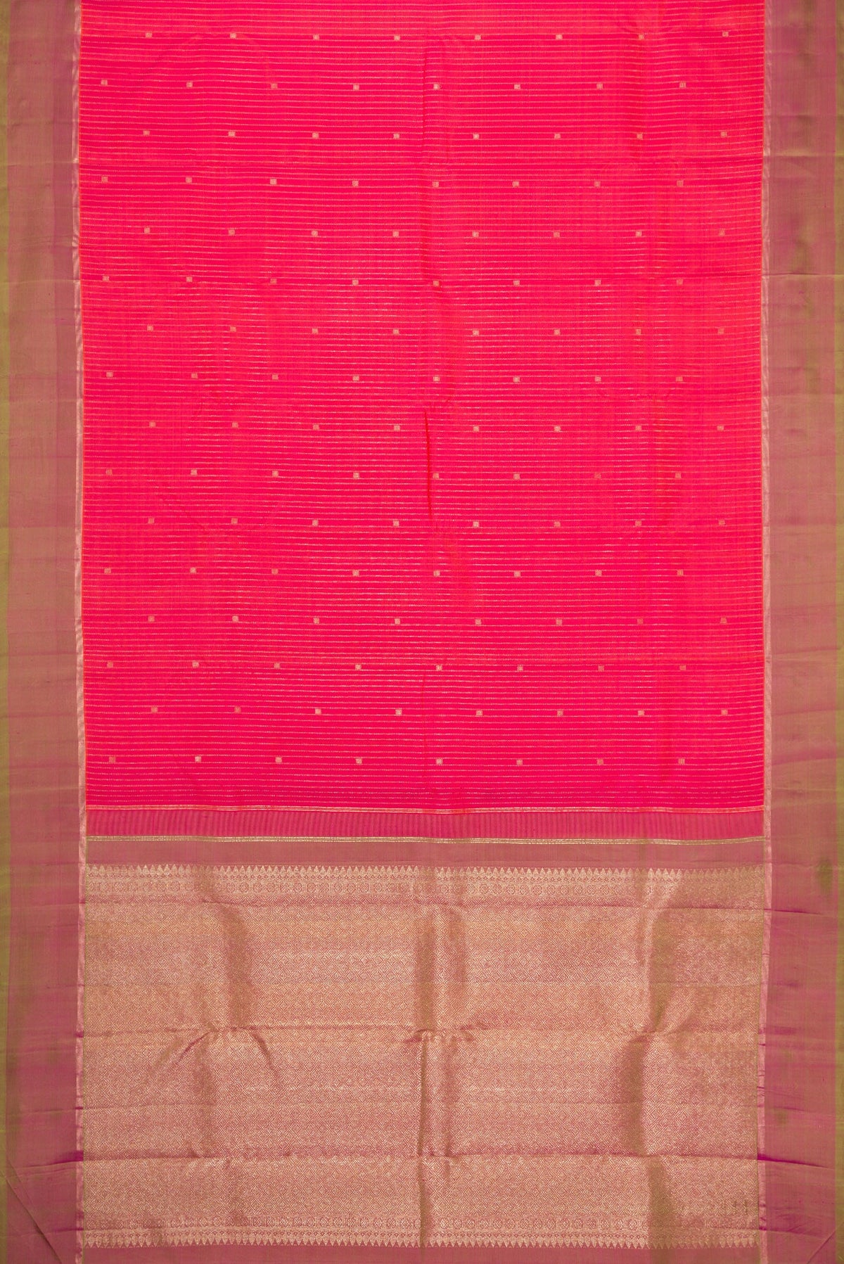 Flat view of Pink Dual Tone Kanchipuram Silk Saree with Stripes on the body and Zari Border. 
