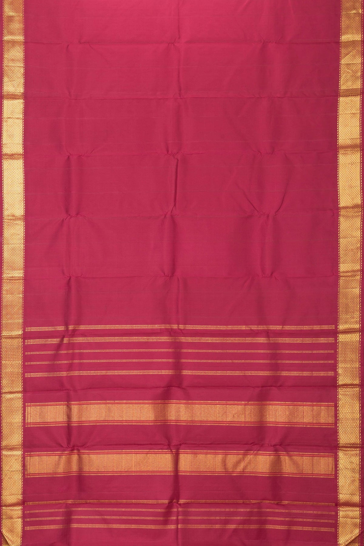 Flat view of Maroon Dual Tone Kanchipuram Silk Saree with Plain Body and Zari Border. 