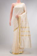 Sandal Dual Tone Kanjivaram Silk Nine Yards Saree with Plain Body and Zari Border.  displayed on a mannequin