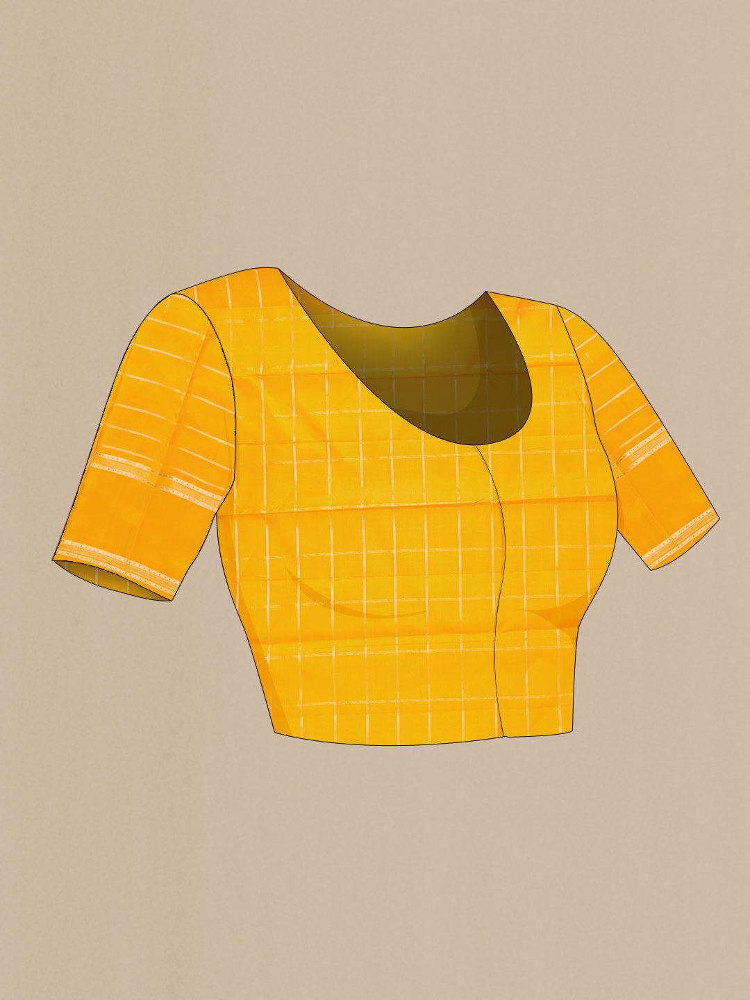 Close up image of the blouse of Mustard Dual Tone Kanchipuram Silk Saree with Checked design on the body and Zari Border. 