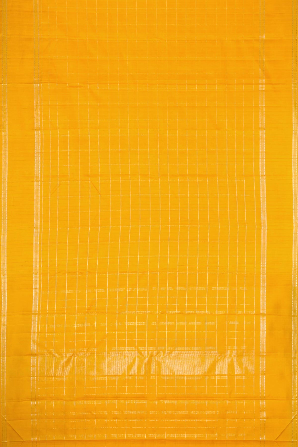 Flat view of Mustard Dual Tone Kanchipuram Silk Saree with Checked design on the body and Zari Border. 