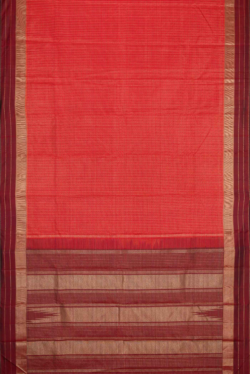 Flat view of Orange Dual Tone Kanchipuram Silk Saree with Checked design on the body and Zari Border. 