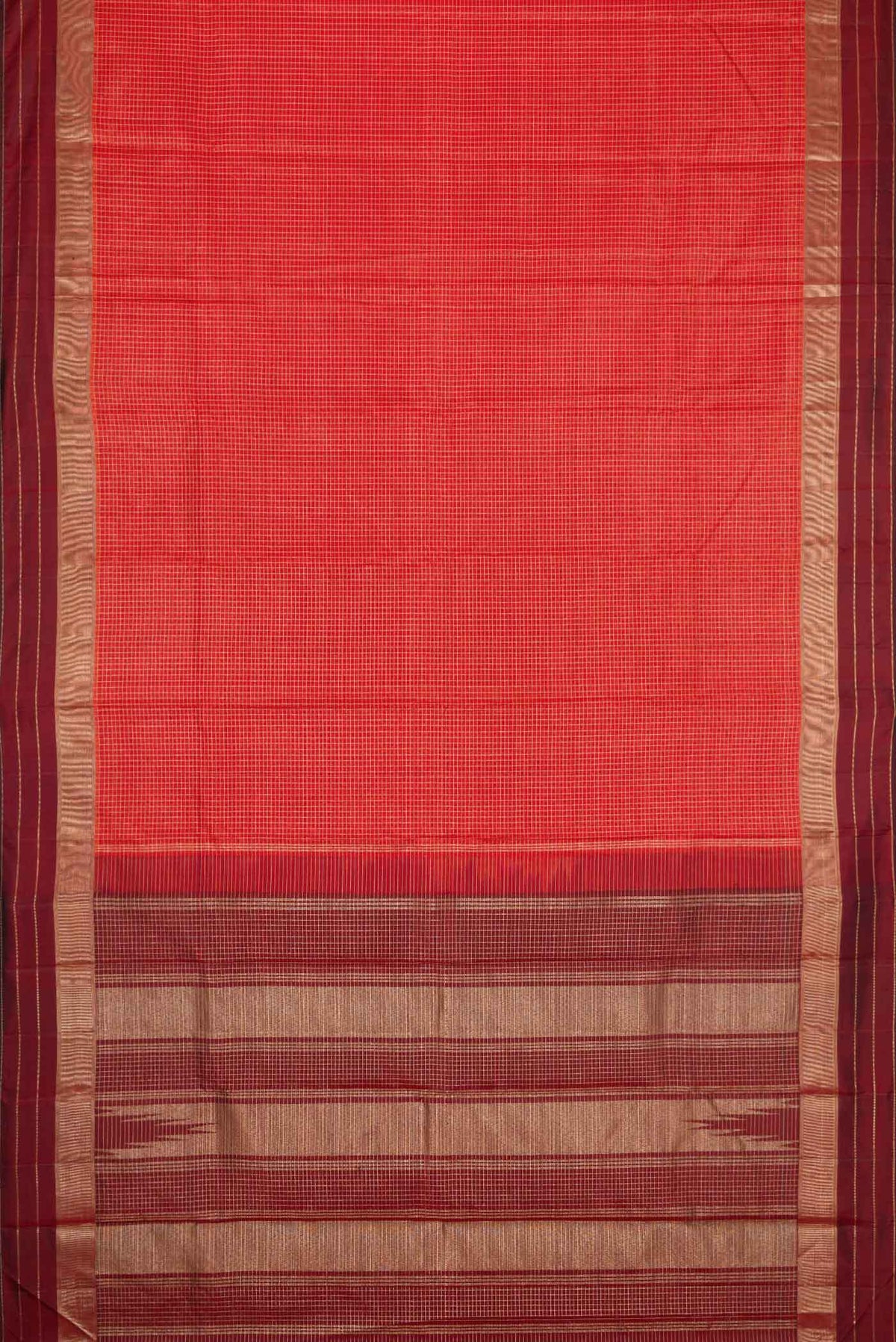 Flat view of Orange Dual Tone Kanchipuram Silk Saree with Checked design on the body and Zari Border. 