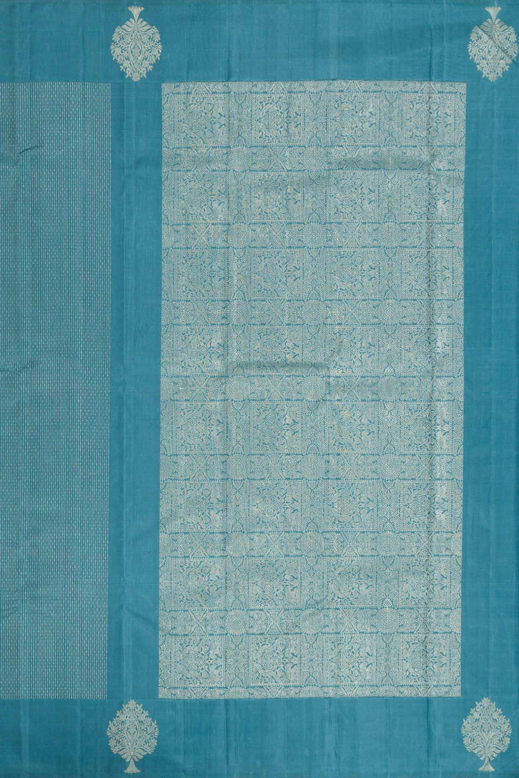 Close up image of the pallu of Blue Dual Tone Soft Silk Saree with Stripes on the body and Fancy Border