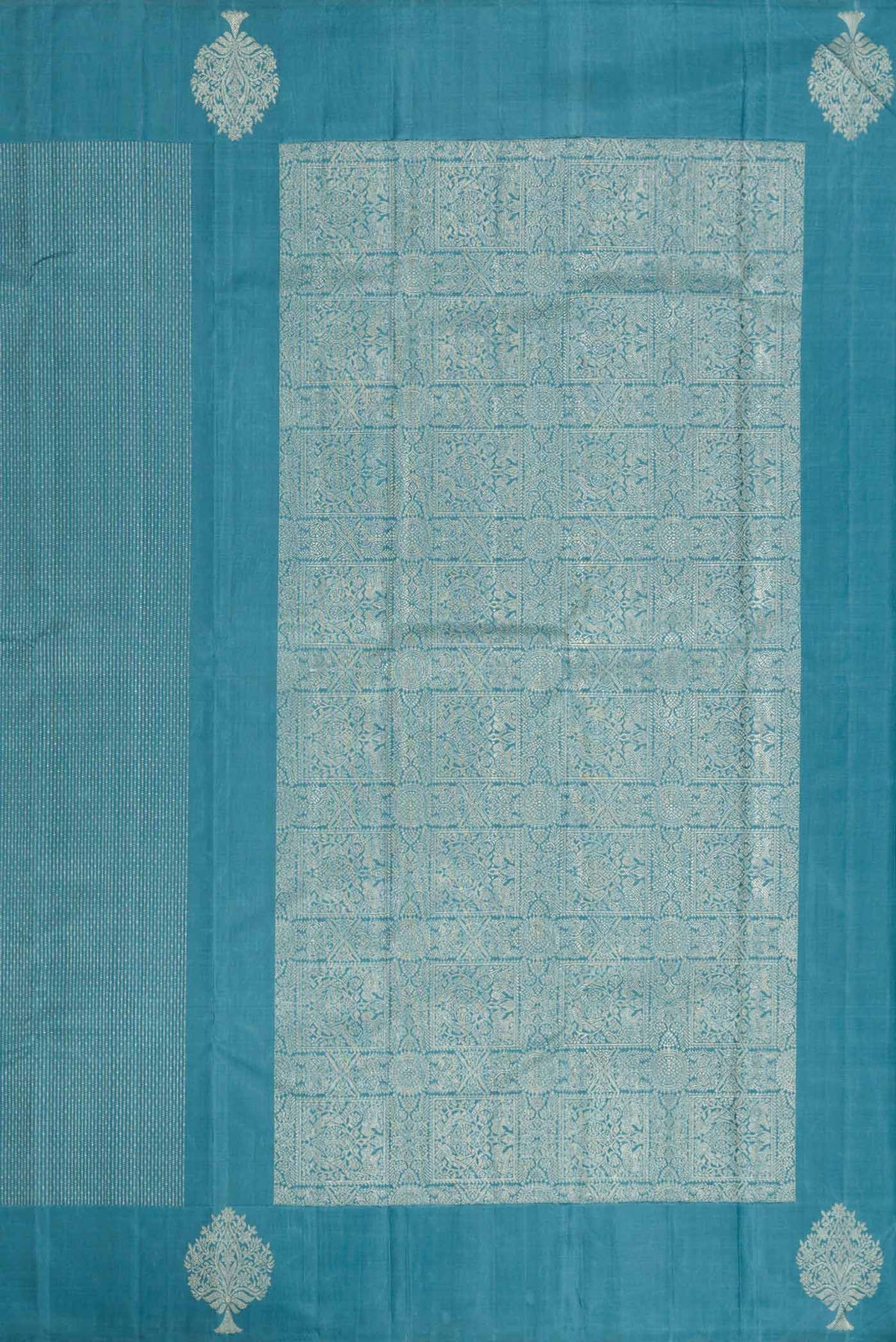 Close up image of the pallu of Blue Dual Tone Soft Silk Saree with Stripes on the body and Fancy Border