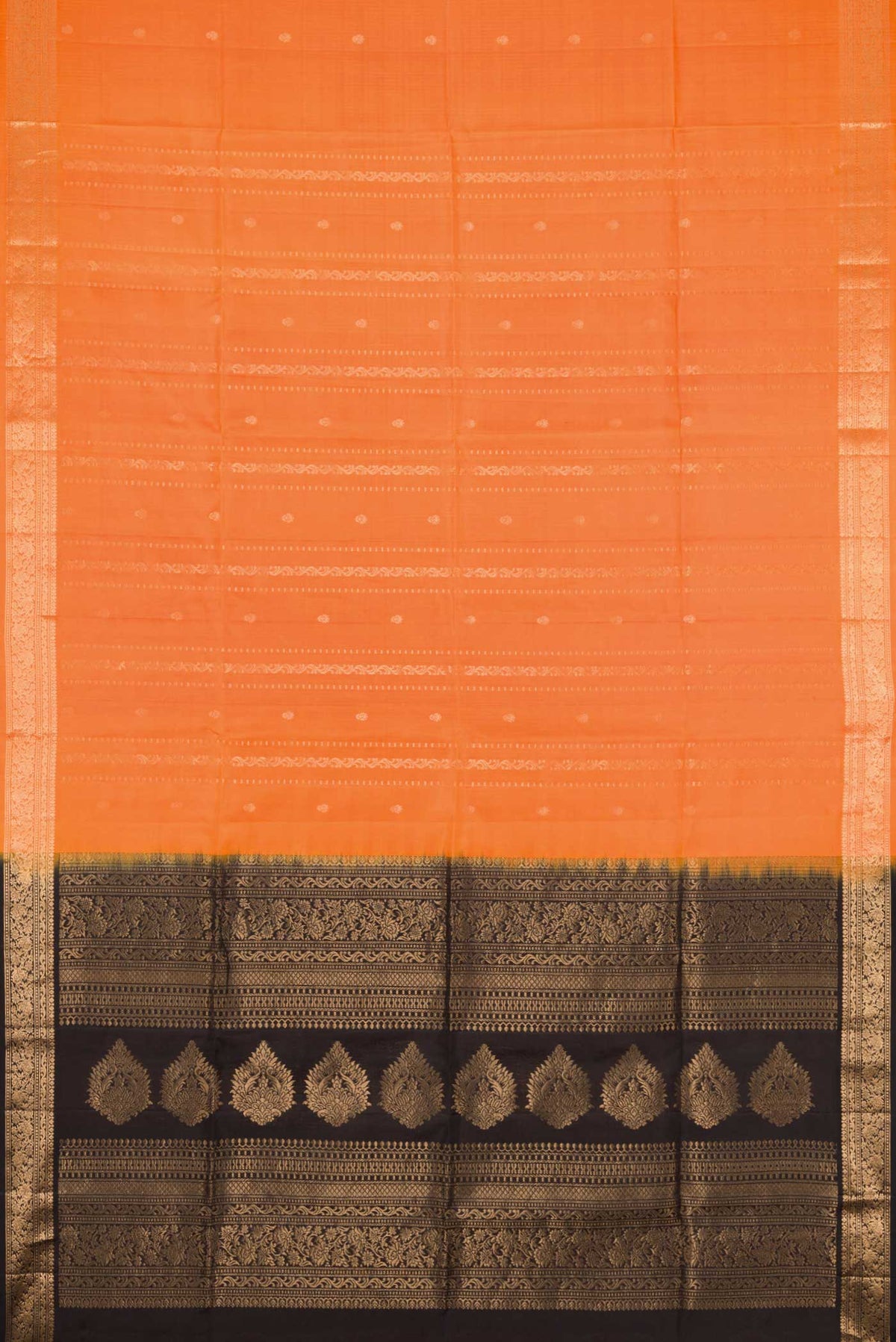 Flat view of Orange Dual Tone Soft Silk Saree with Stripes on the body and Zari Border