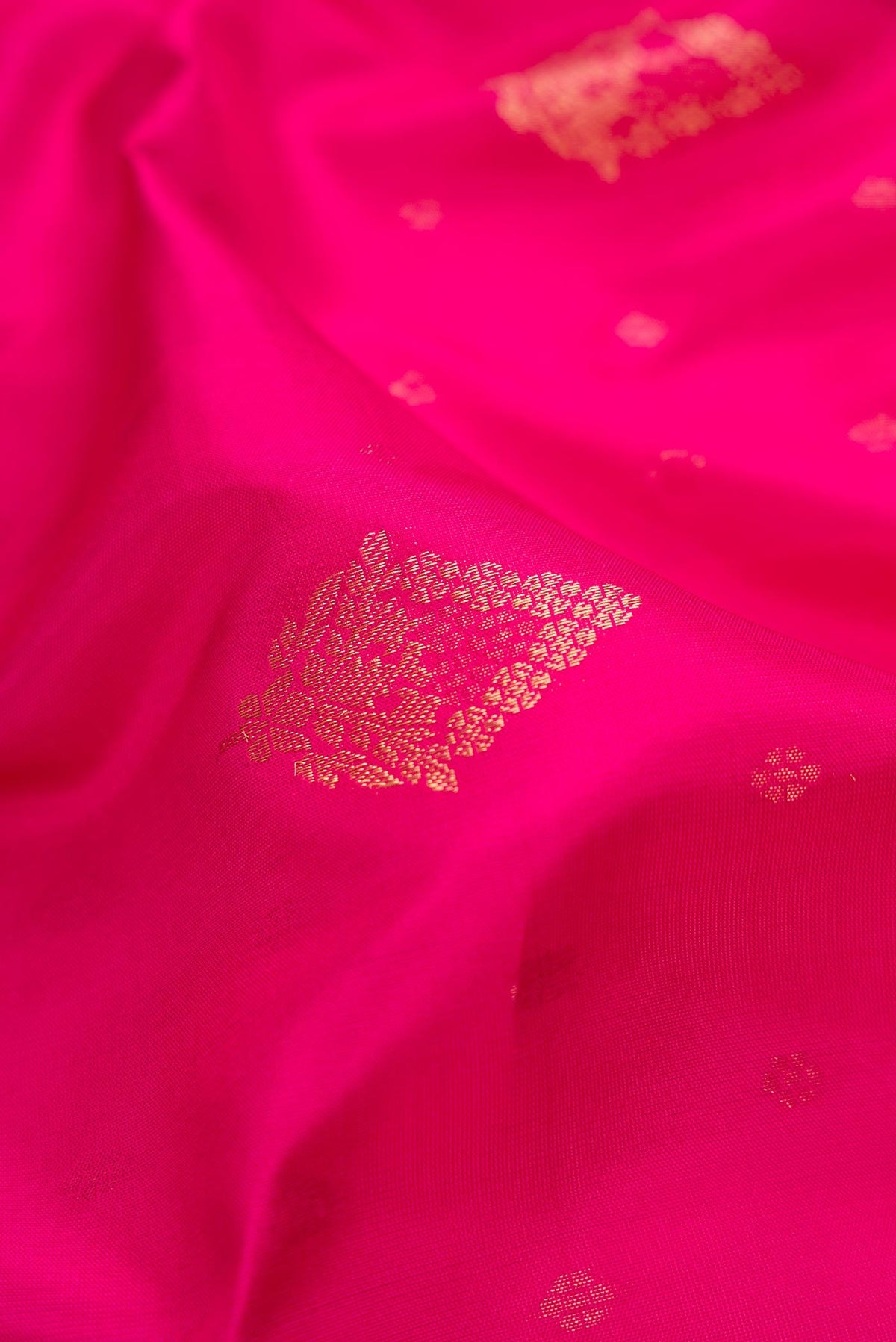 Close up of Pink Dual Tone Soft Silk Saree with Zari Butta on the body and Zari Border.  displaying folds
