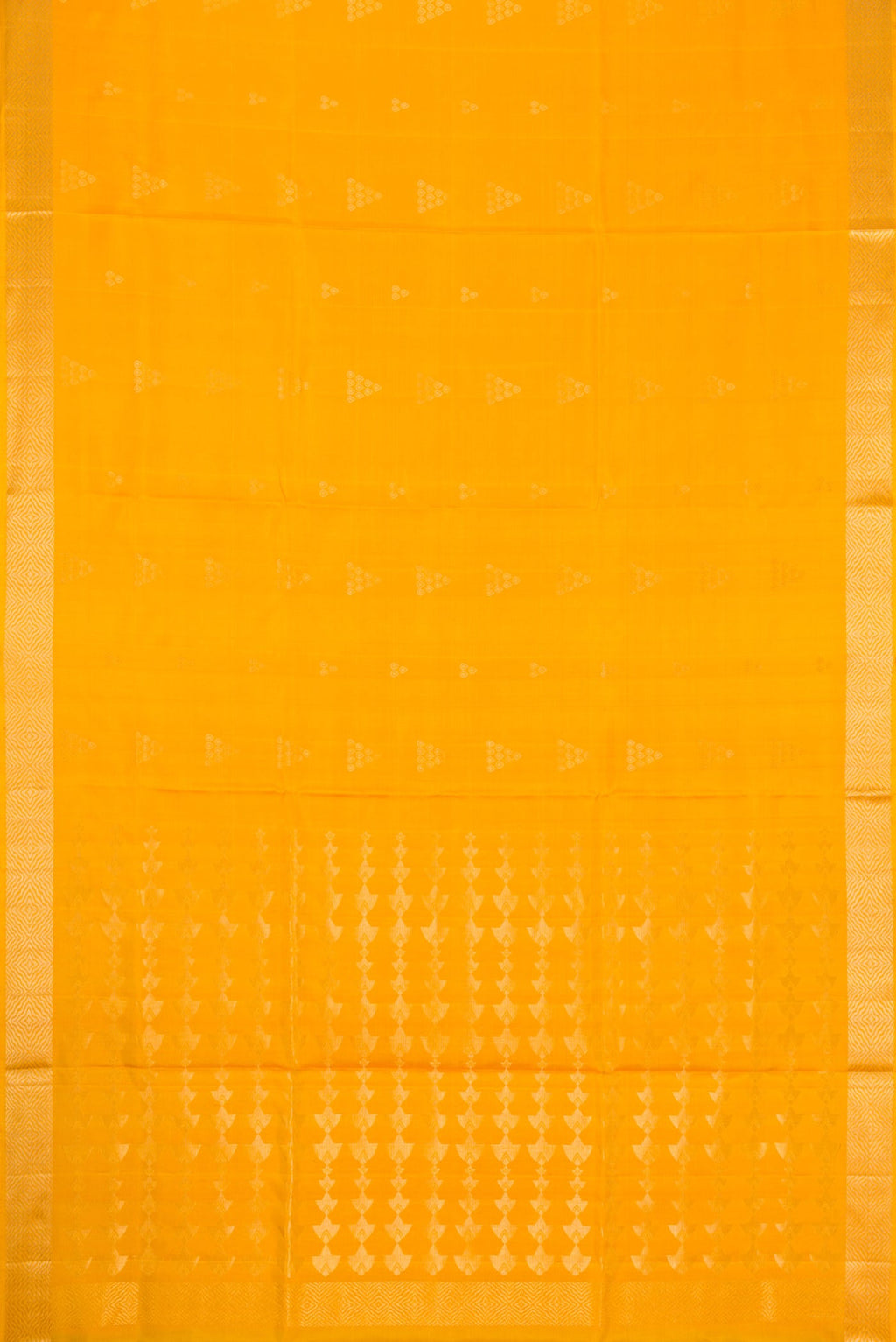 Flat view of Yellow Dual Tone Soft Silk Saree with Zari Butta on the body and Zari Border. 